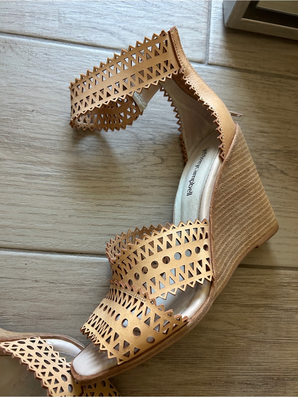 Jeffrey Campbell Tan Laser-Cut Wedge Sandals